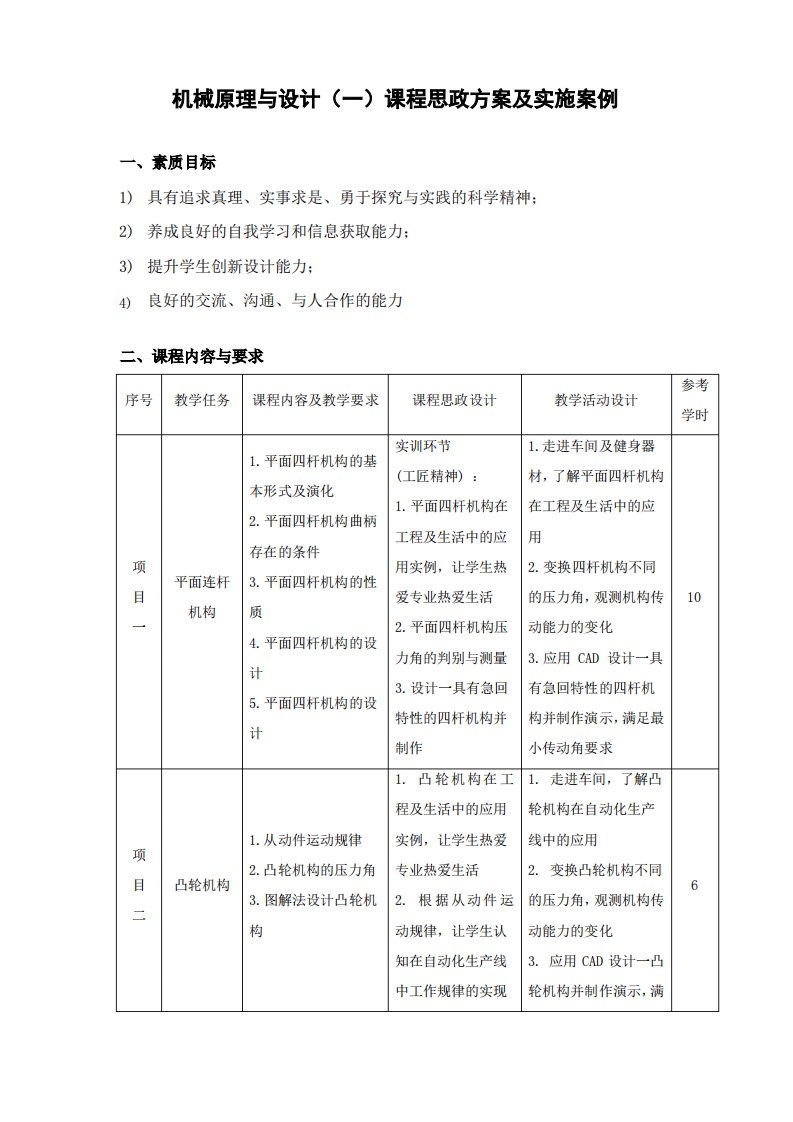 课程思政方案及实施案例(机械原理与设计(一))