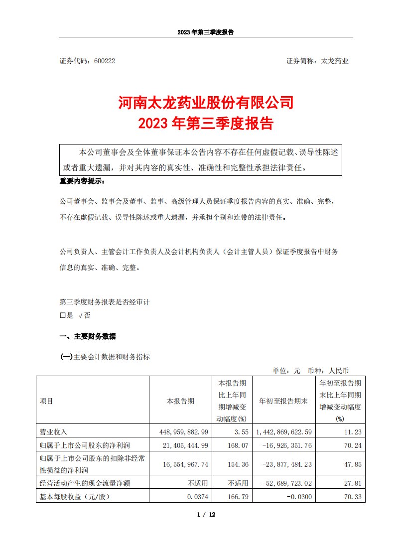 上交所-太龙药业2023年第三季度报告-20231026