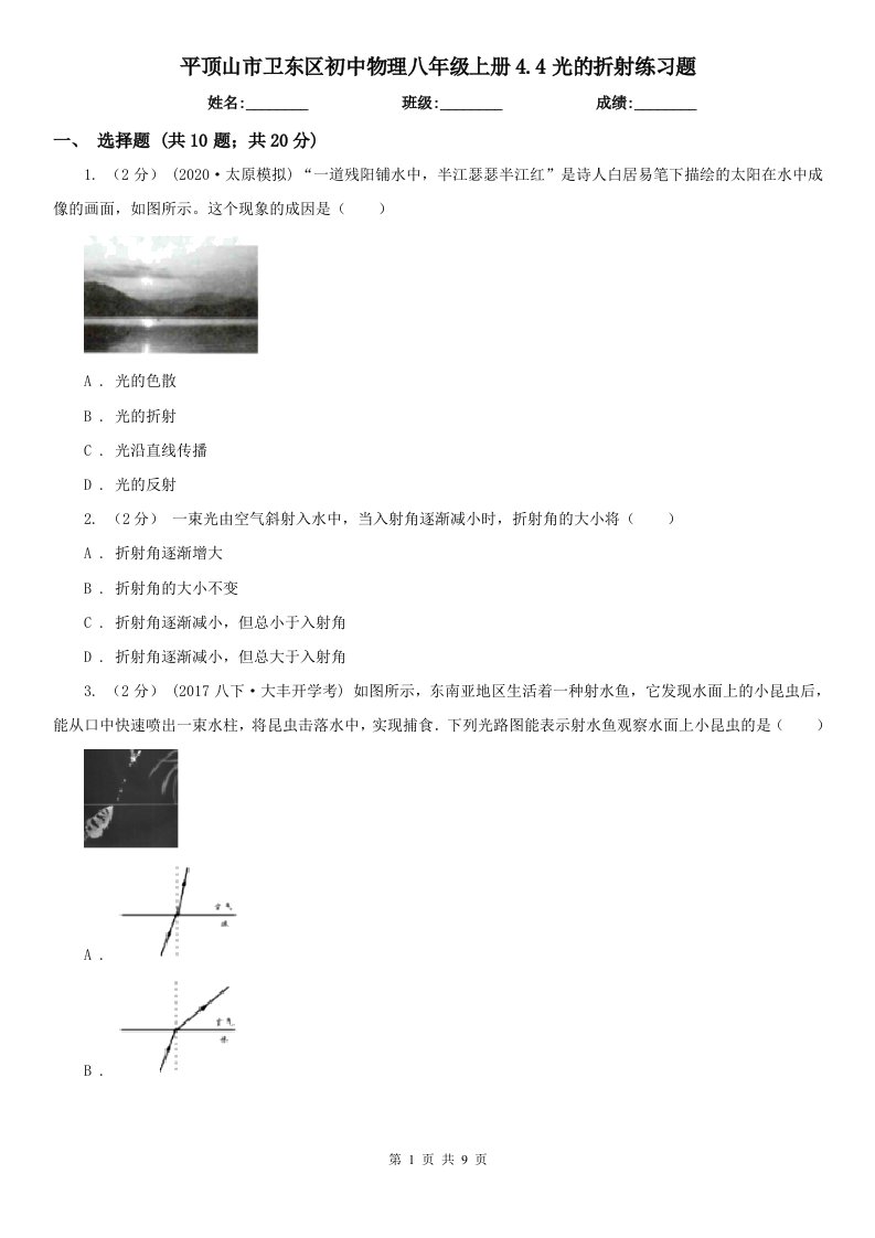 平顶山市卫东区初中物理八年级上册4.4光的折射练习题