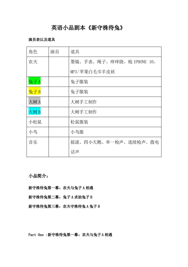 新守株待兔英语剧本