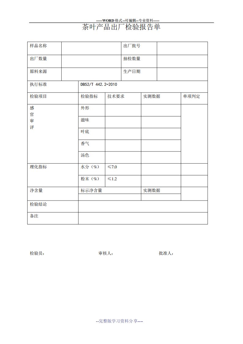 茶叶产品出厂检验报告单