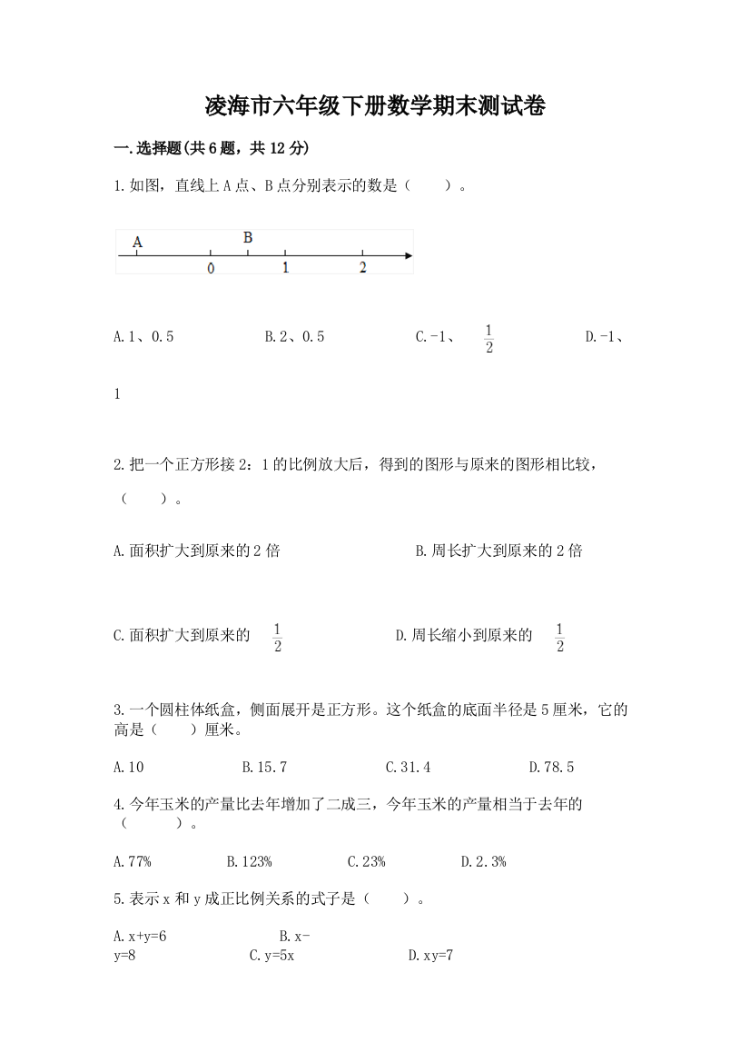 凌海市六年级下册数学期末测试卷（典优）