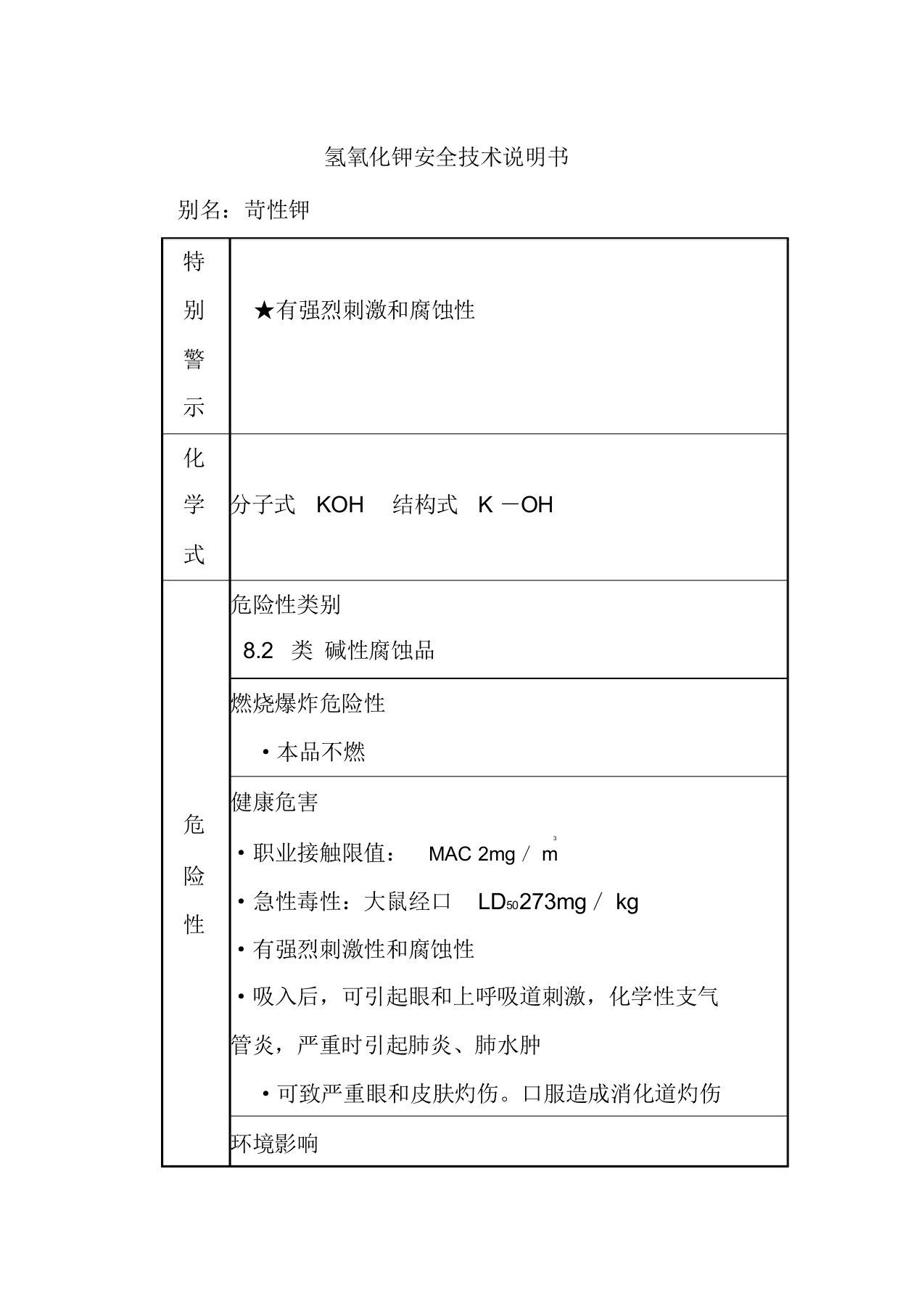 氢氧化钾安全技术说明书