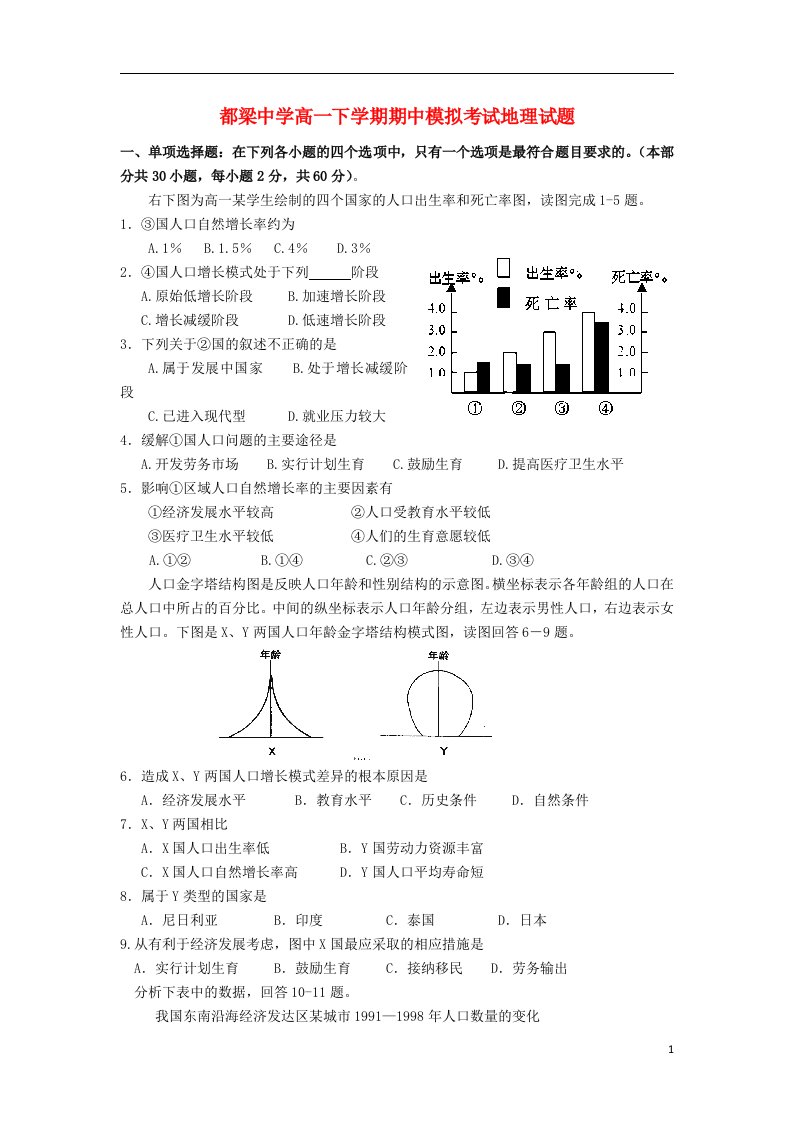 江苏省盱眙县都梁中学高一地理下学期期中模拟考试试题新人教版