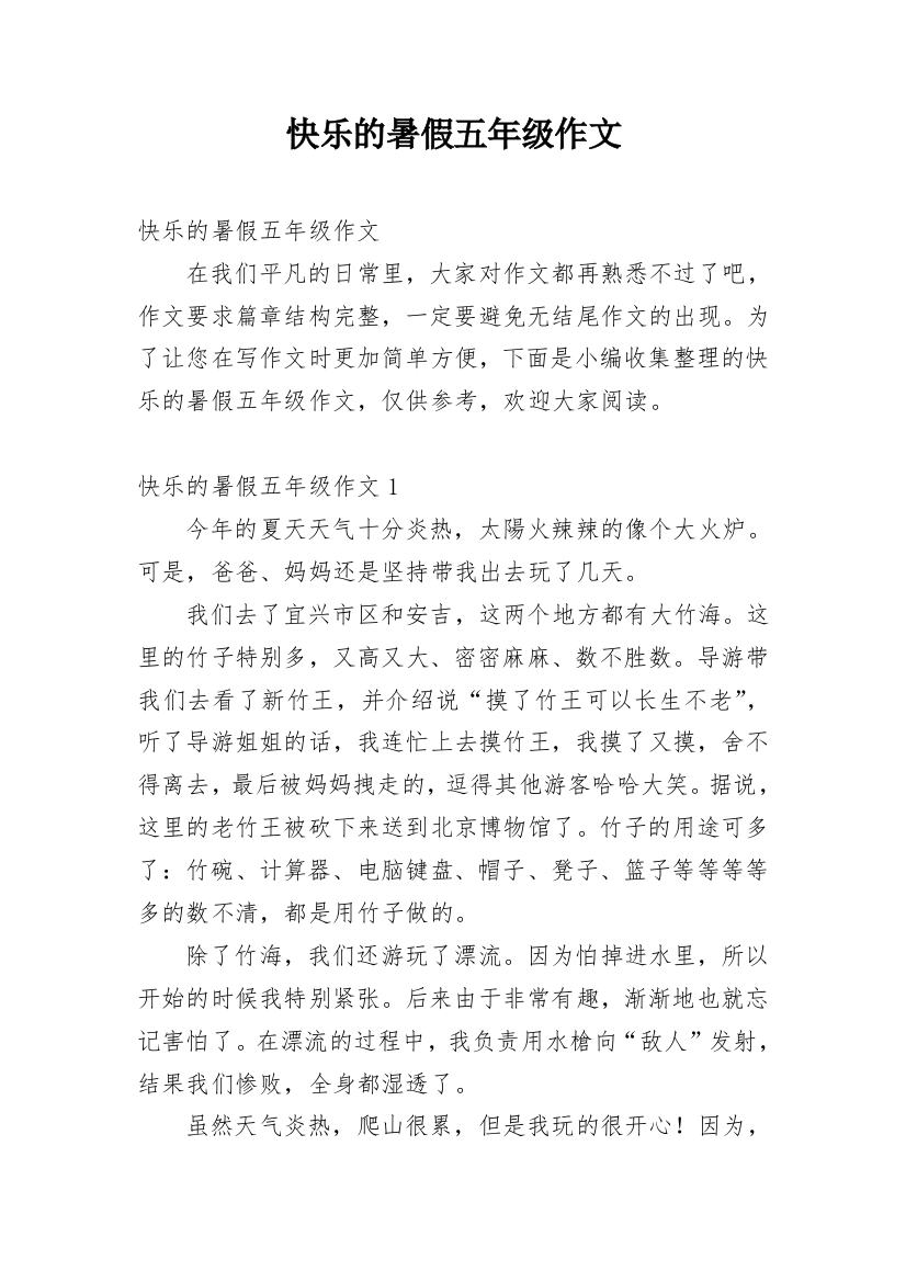 快乐的暑假五年级作文