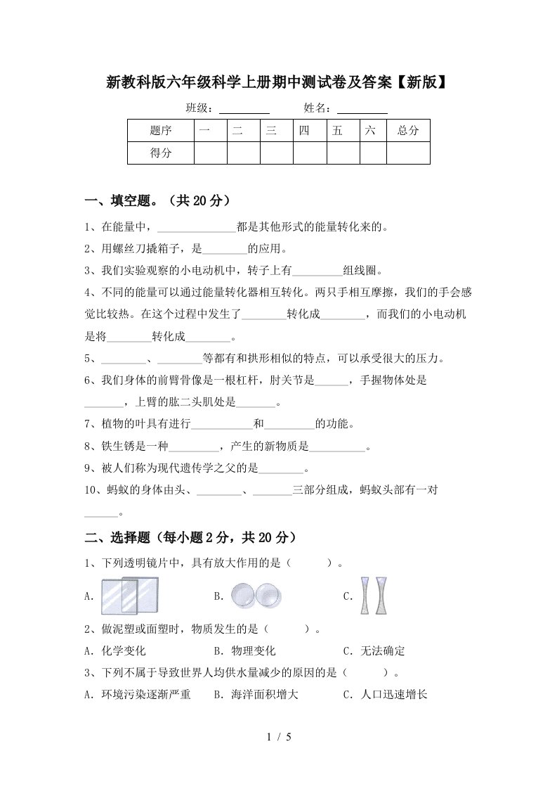 新教科版六年级科学上册期中测试卷及答案新版