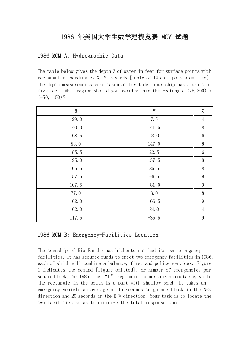 1986美国大学生数学建模竞赛英文版试题