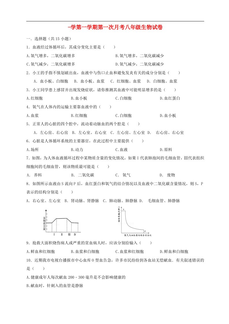 江苏省连云港市灌云县西片八级生物第一次质量监测试题