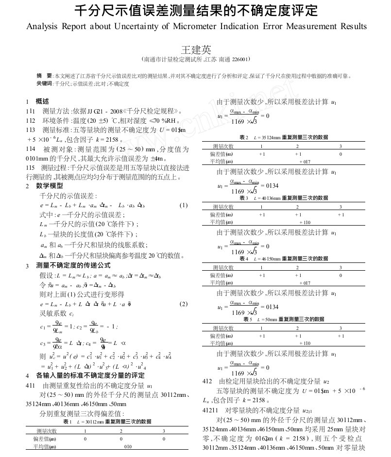 千分尺示值误差测量结果的不确定度评定