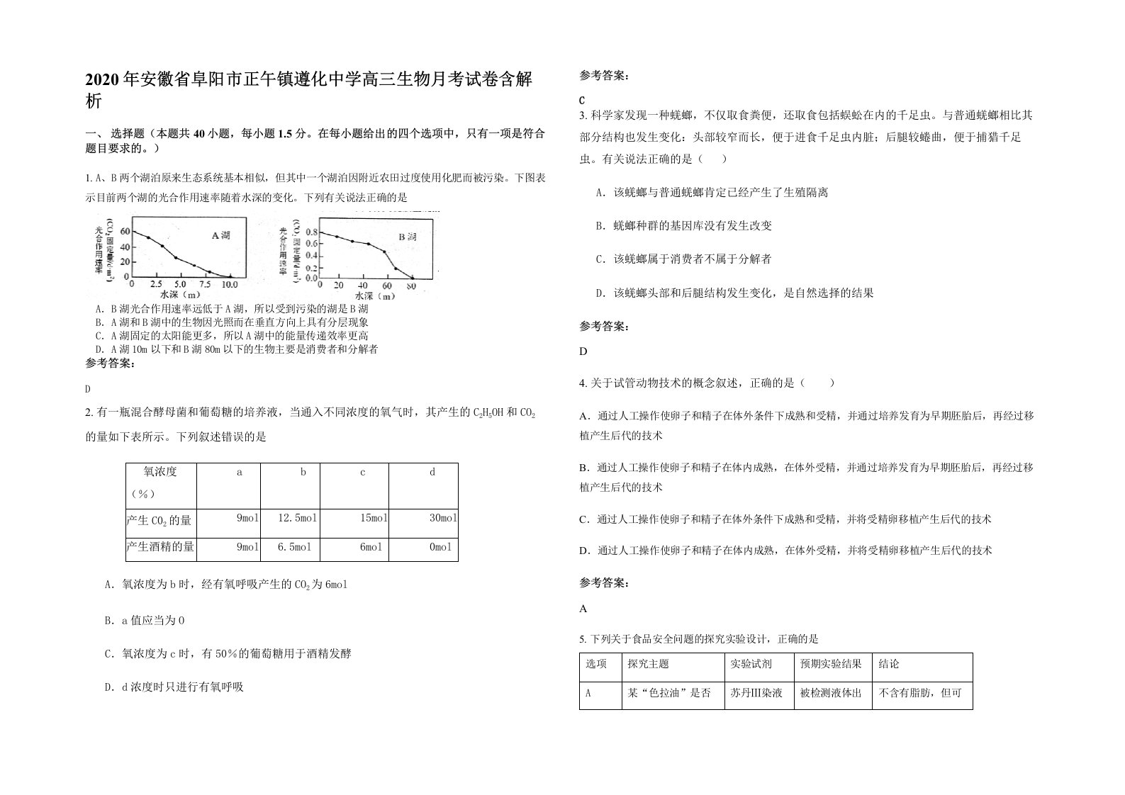 2020年安徽省阜阳市正午镇遵化中学高三生物月考试卷含解析