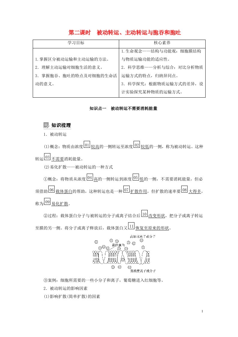 新教材高中生物第3章细胞的代谢第3节物质通过多种方式出入细胞第2课时被动转运主动转运与胞吞和胞吐导学案浙科版必修1