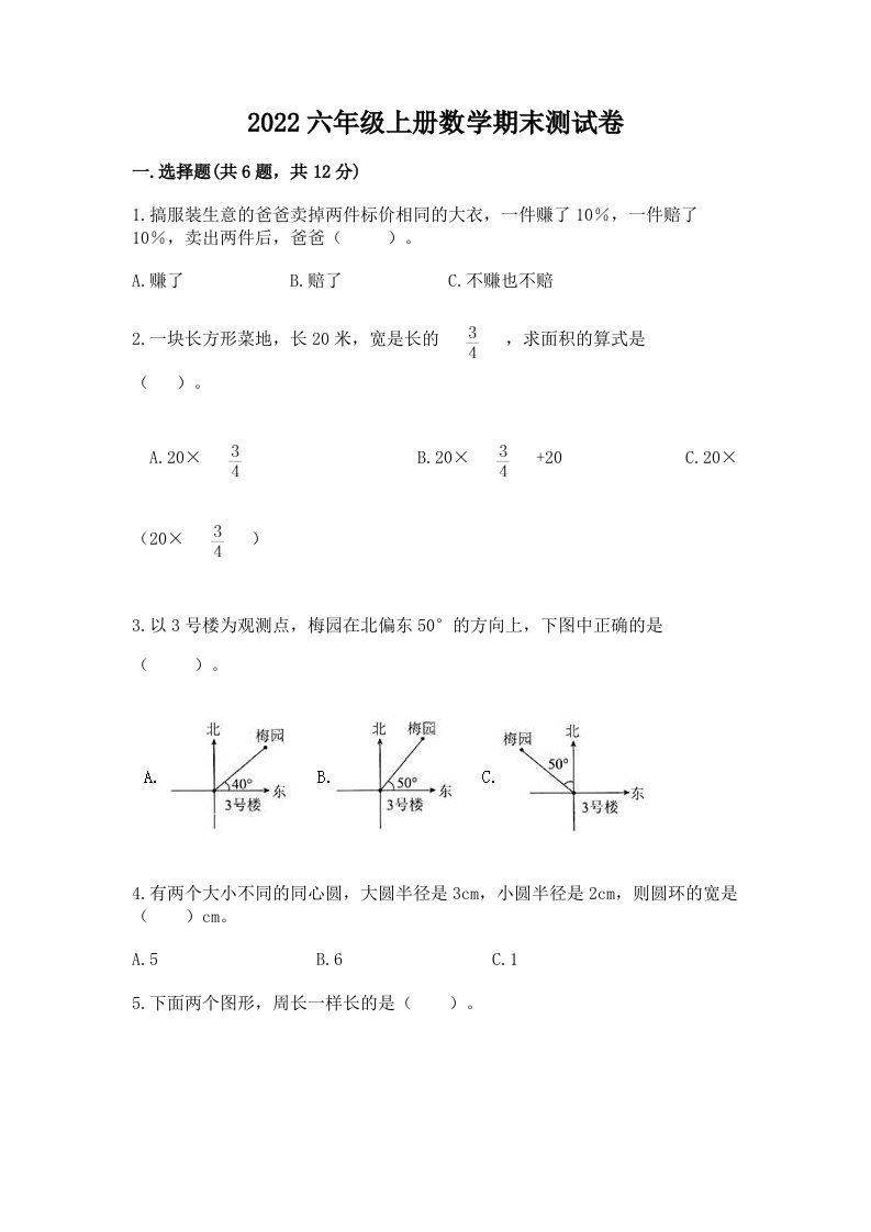 2022六年级上册数学期末测试卷及完整答案【各地真题】