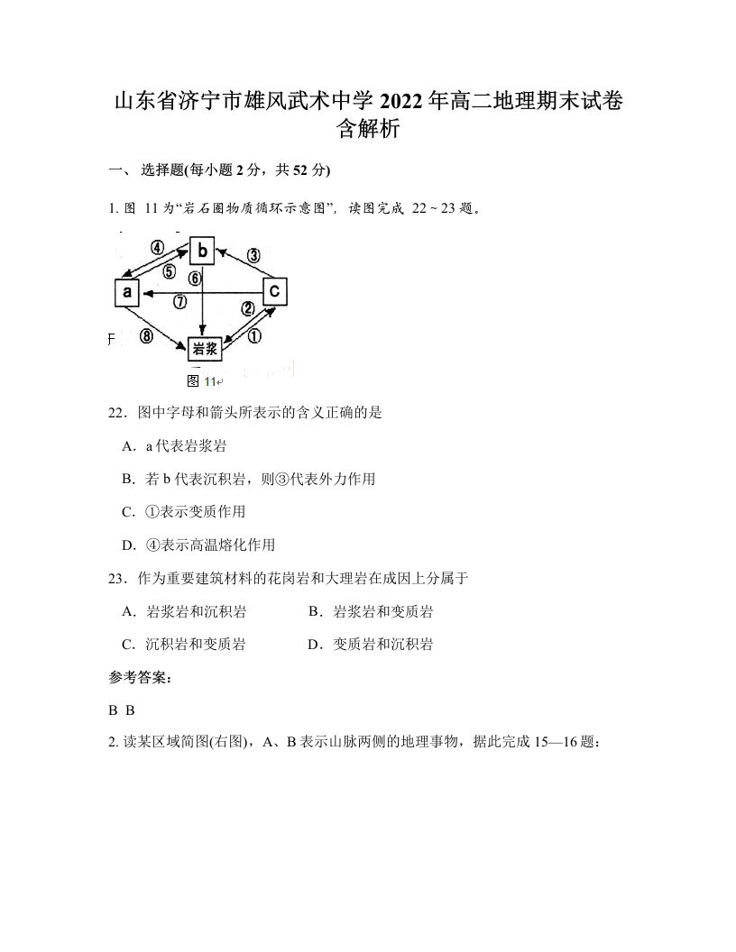 山东省济宁市雄风武术中学2022年高二地理期末试卷含解析