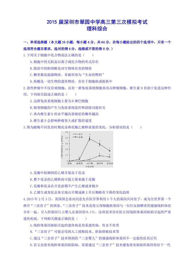 广东省深圳市翠园中学2015届高三第三次模拟考试理综试题含答案