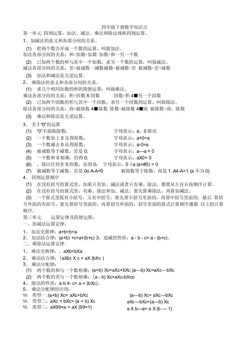 人教版四年级下册数学知识点总结