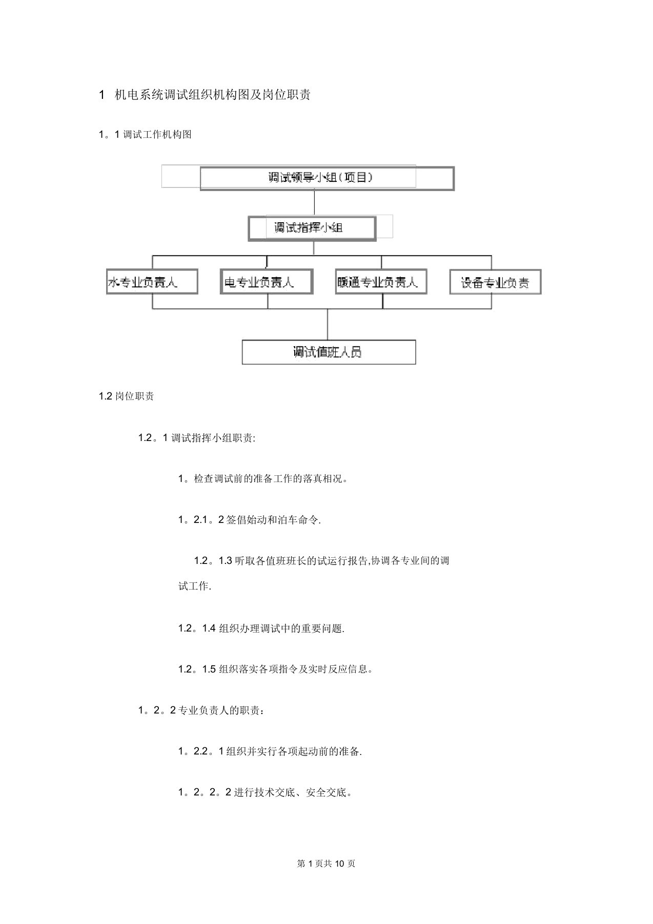 机电系统调试组织机构图及岗位职责