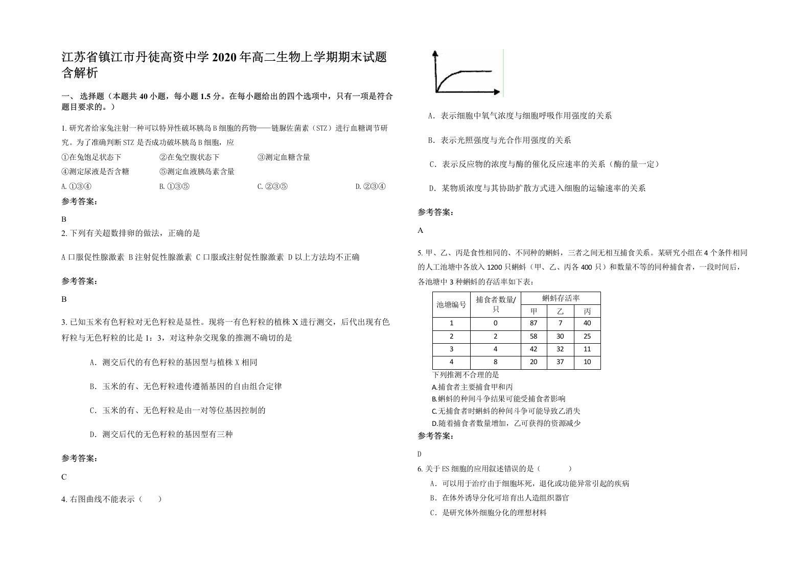 江苏省镇江市丹徒高资中学2020年高二生物上学期期末试题含解析