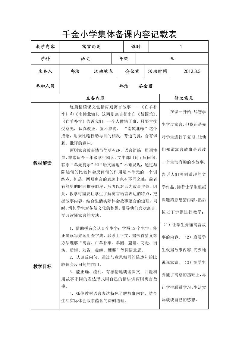 千金小学集体备课内容记载表寓言两则