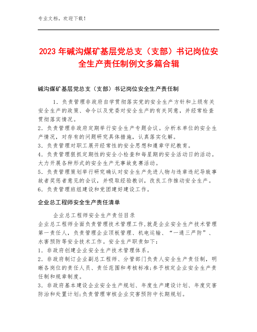 2023年碱沟煤矿基层党总支（支部）书记岗位安全生产责任制例文多篇合辑