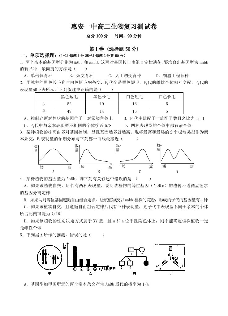 惠安一中高二生物复习测试卷