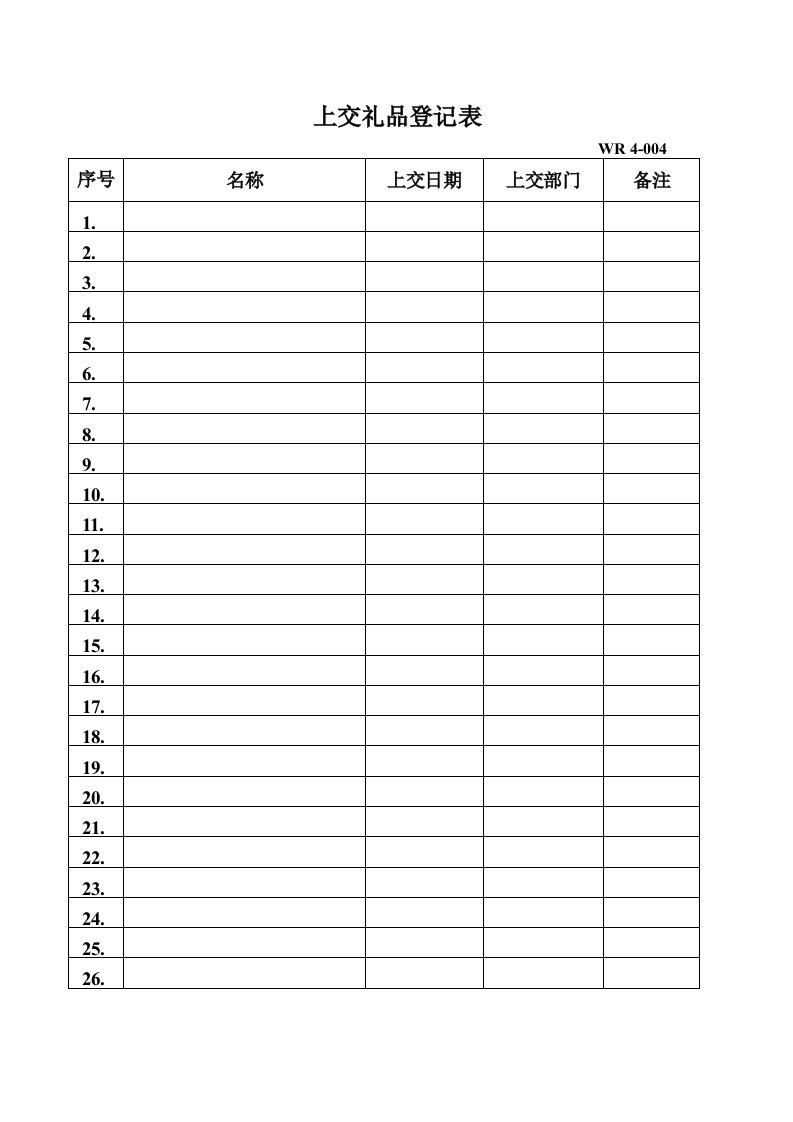 企业上交礼品登记表