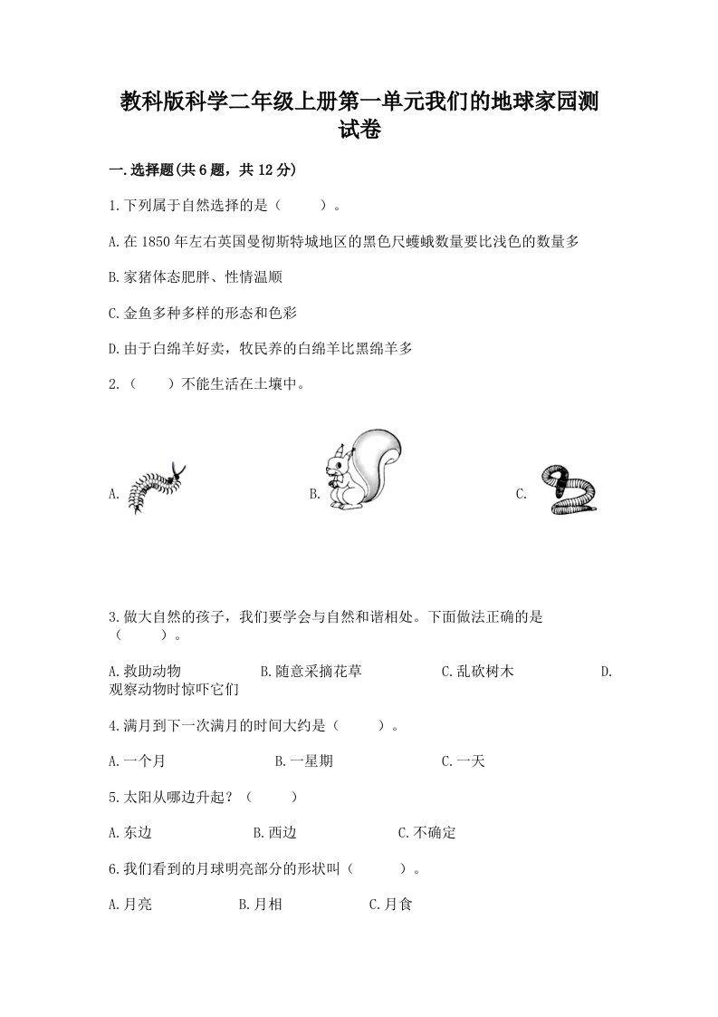 教科版科学二年级上册第一单元我们的地球家园测试卷含完整答案（历年真题）