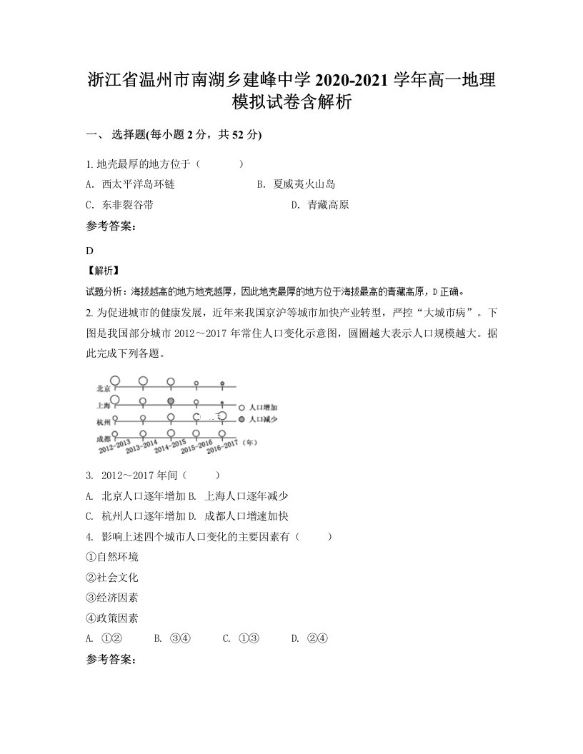 浙江省温州市南湖乡建峰中学2020-2021学年高一地理模拟试卷含解析