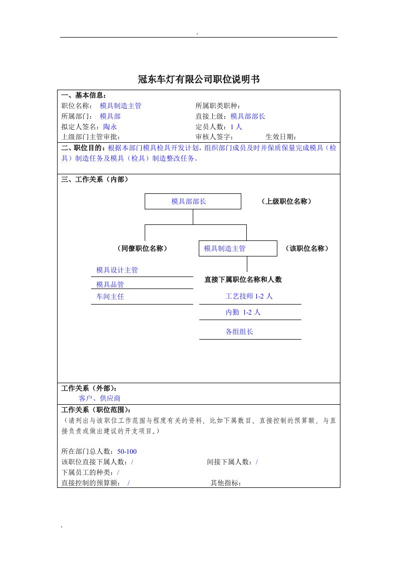 冠东车灯公司模具部模具制造主管职位说明书