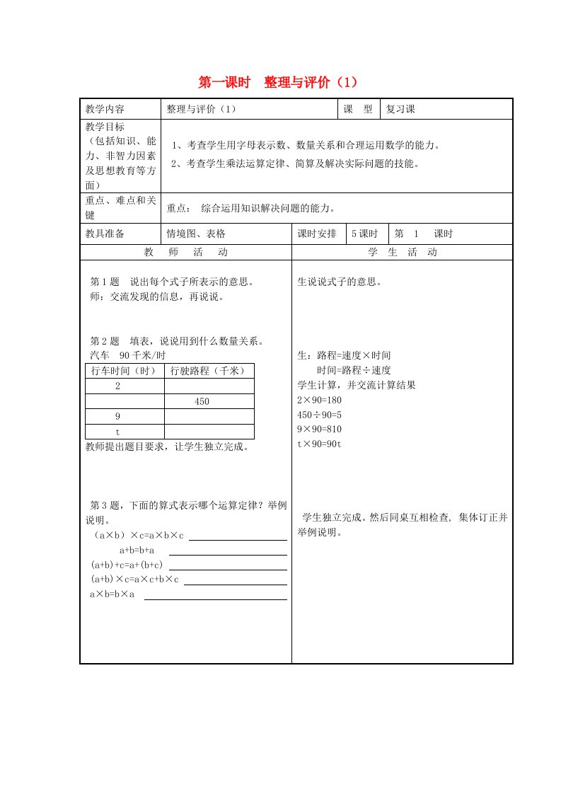 四年级数学下册第十单元《整理与评价》教案冀教版