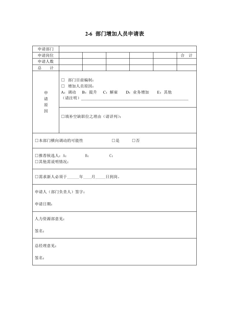 员工管理-26部门增加人员申请表