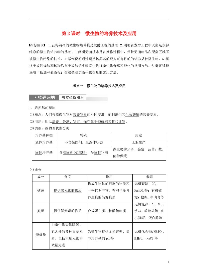 新高考2023届高考生物一轮复习讲义第10单元第2课时微生物的培养技术及应用新人教版