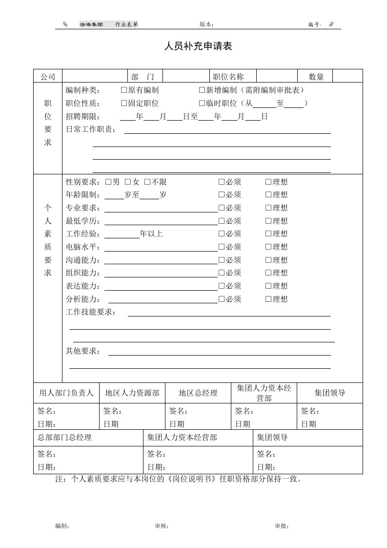 1表单：人员补充申请表HF301