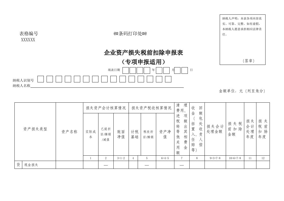 企业资产损失税前扣除专项申报表