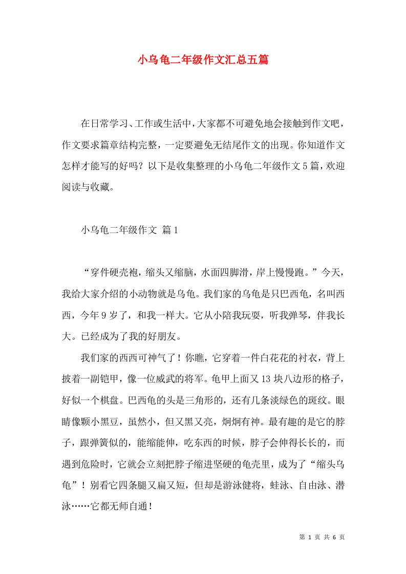 小乌龟二年级作文汇总五篇