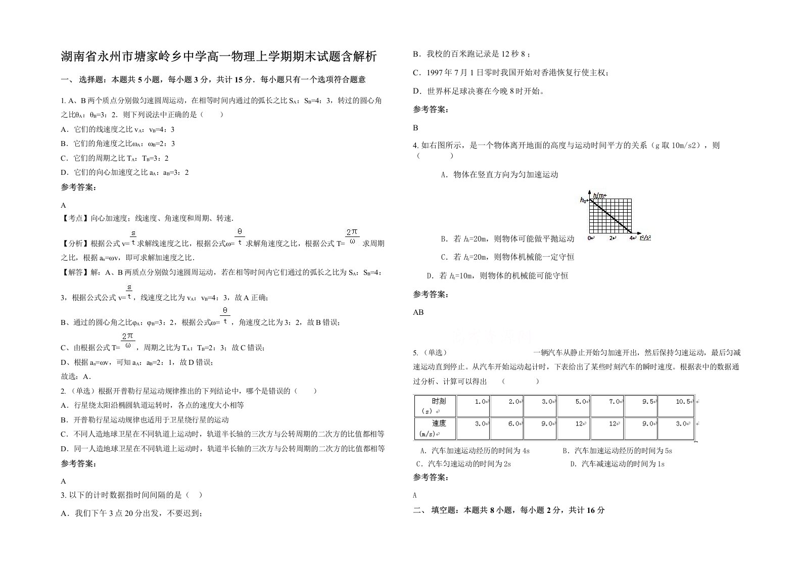 湖南省永州市塘家岭乡中学高一物理上学期期末试题含解析