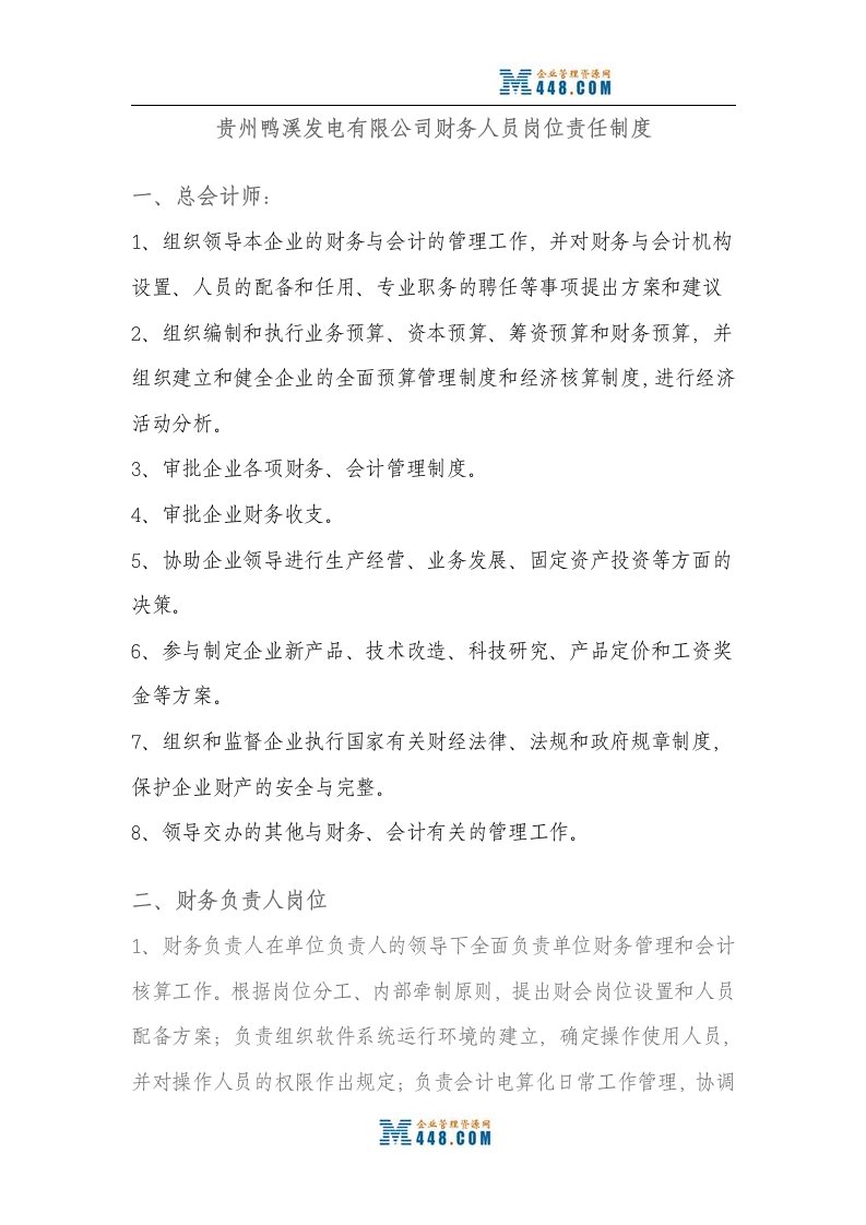 《贵州鸭溪发电有限公司财务人员岗位责任制度》(doc)-财务制度表格