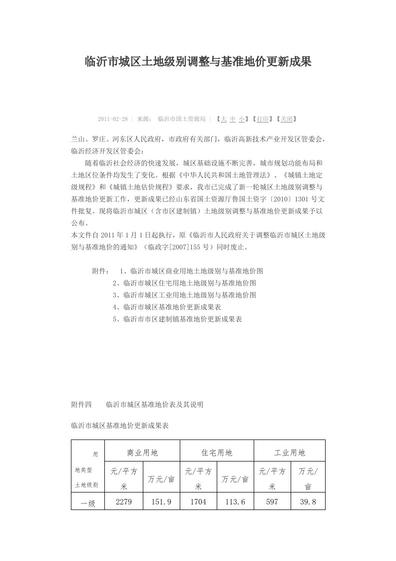 临沂市城区土地级别调整与基准地价更新成果