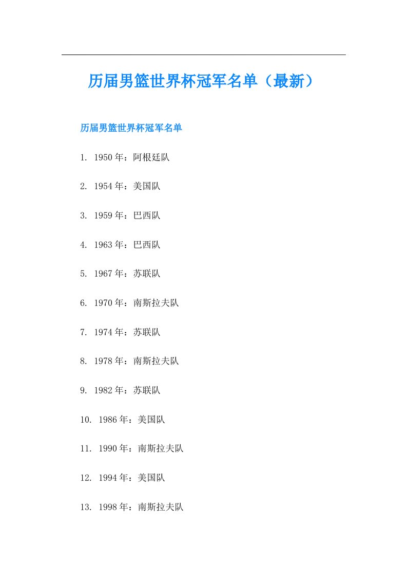 历届男篮世界杯冠军名单（最新）