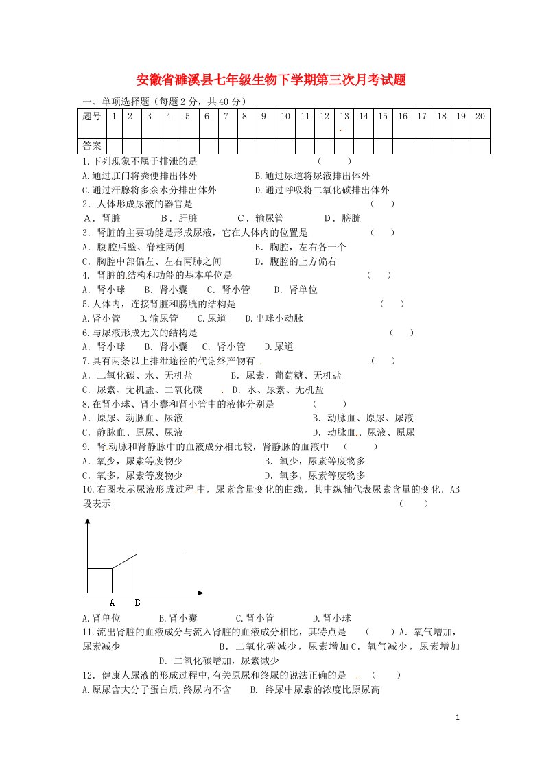 安徽省濉溪县七级生物下学期第三次月考试题