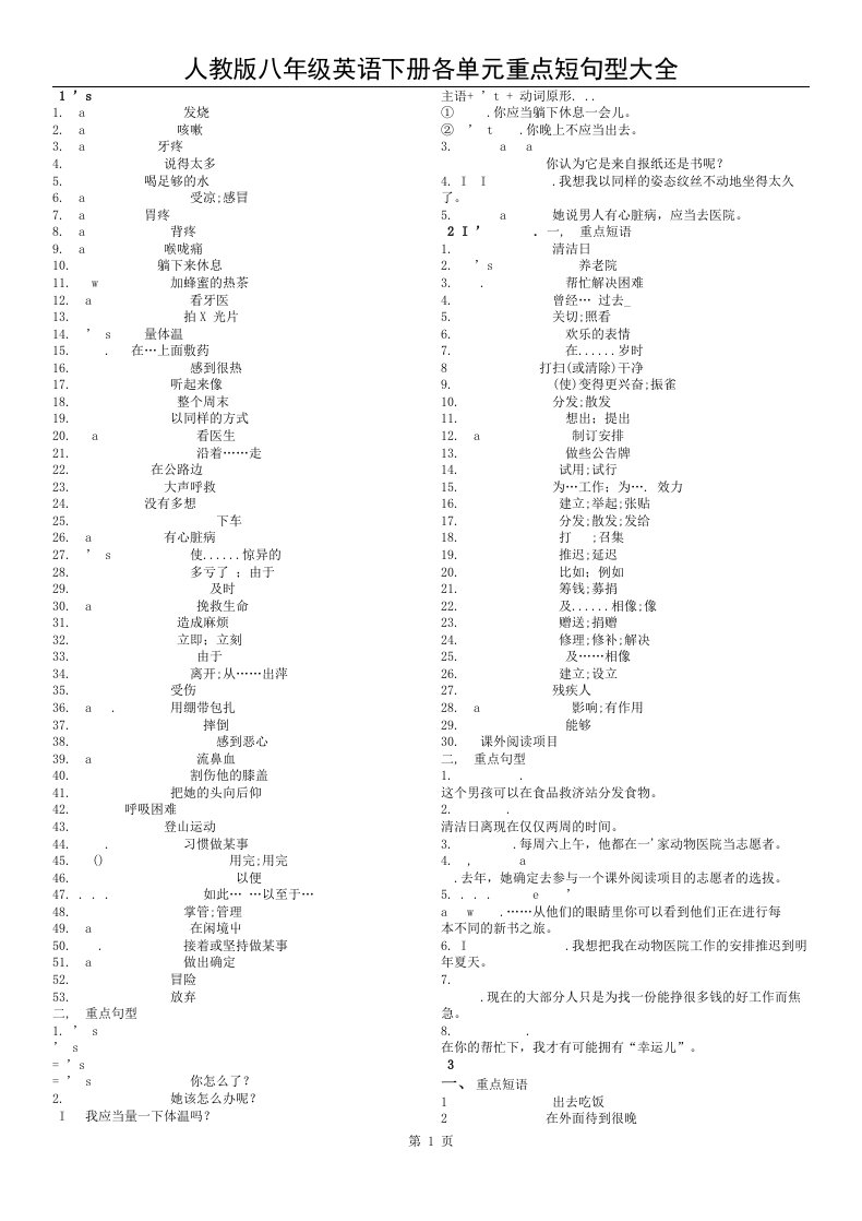 新人教版八年级英语下册重点句型短语期末复习资料