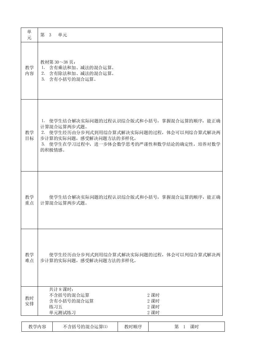 苏教版国标本数学四年级上册第三单元教案(表格式)