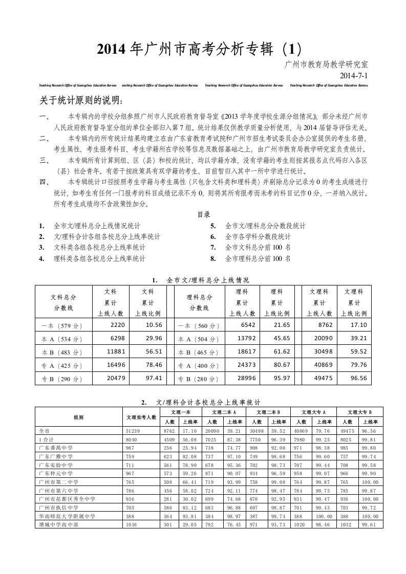 广州市2014年普通高考数据统计结果