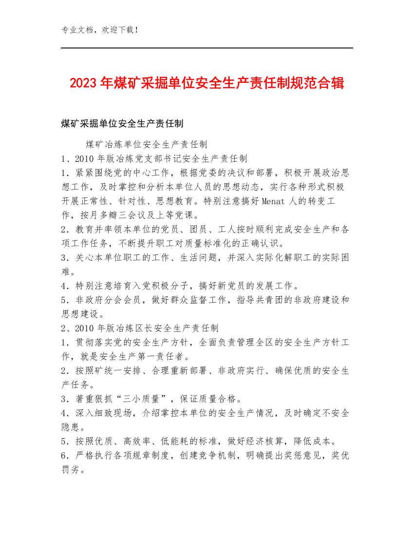 2023年煤矿采掘单位安全生产责任制规范合辑