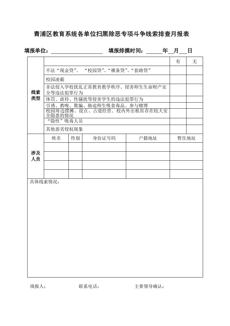 青浦区教育系统各单位扫黑除恶专项斗争线索排查月报表