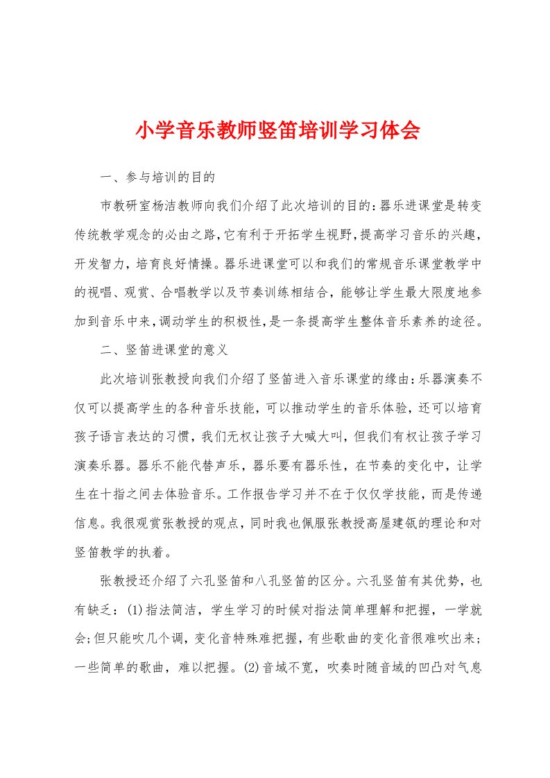 小学音乐教师竖笛培训学习体会