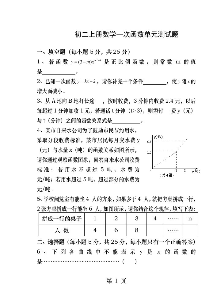 初二上册数学一次函数单元测试题及答案