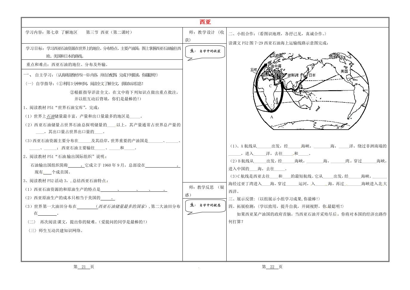 山西省灵石县第二中学七年级地理下册7.3西亚学案2无答案湘教版