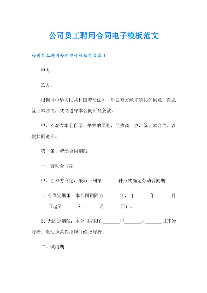 公司员工聘用合同电子模板范文