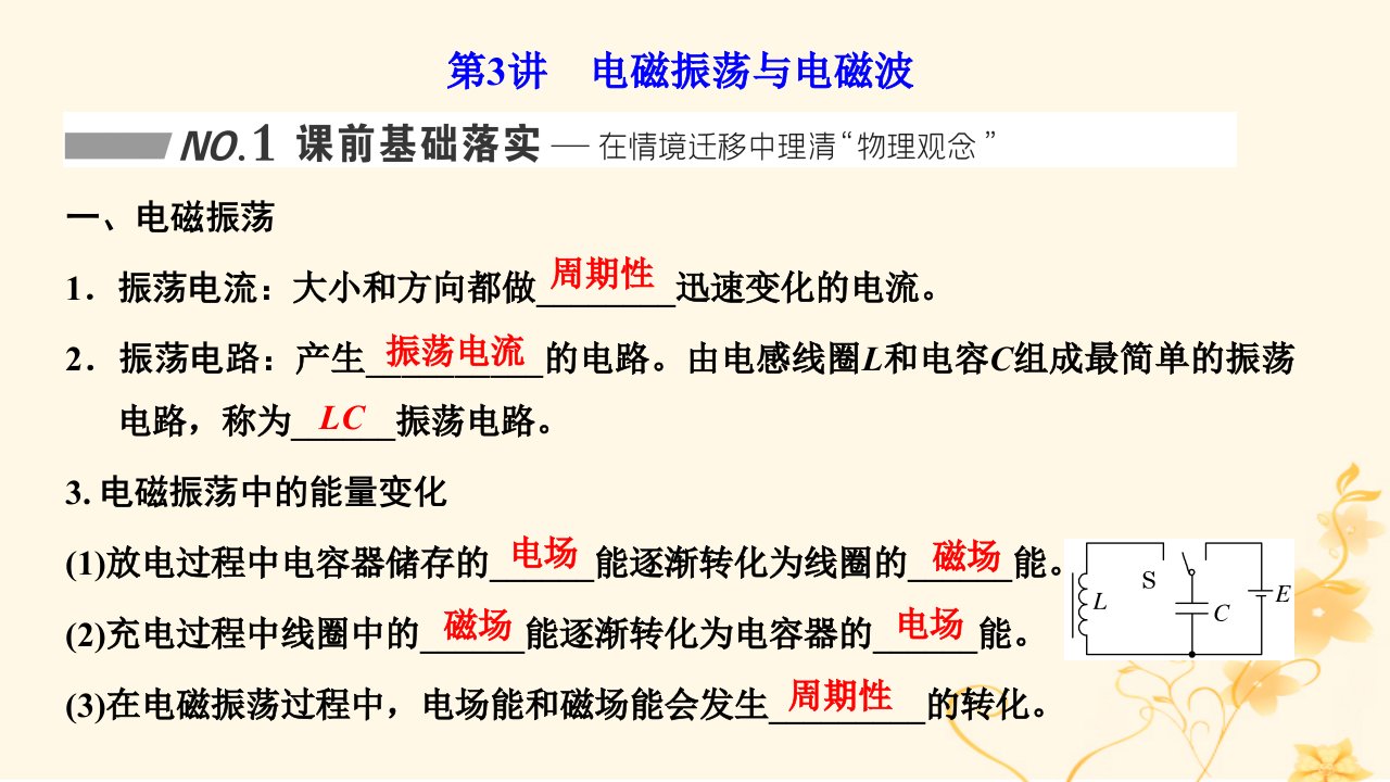 新课标2023版高考物理一轮总复习第十一章交变电流电磁振荡与电磁波传感器第3讲电磁振荡与电磁波课件