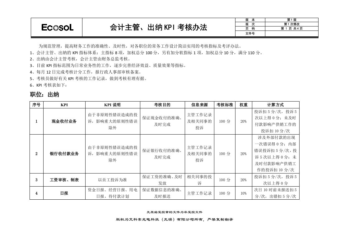 会计主管、出纳KPI考核办法